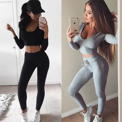 Mujeres Slim Fit Sexy Body Curve Chándal Scoop Neck Short Crop Pullover Con Leggings Pantalones 2pcs / set Sport Suit