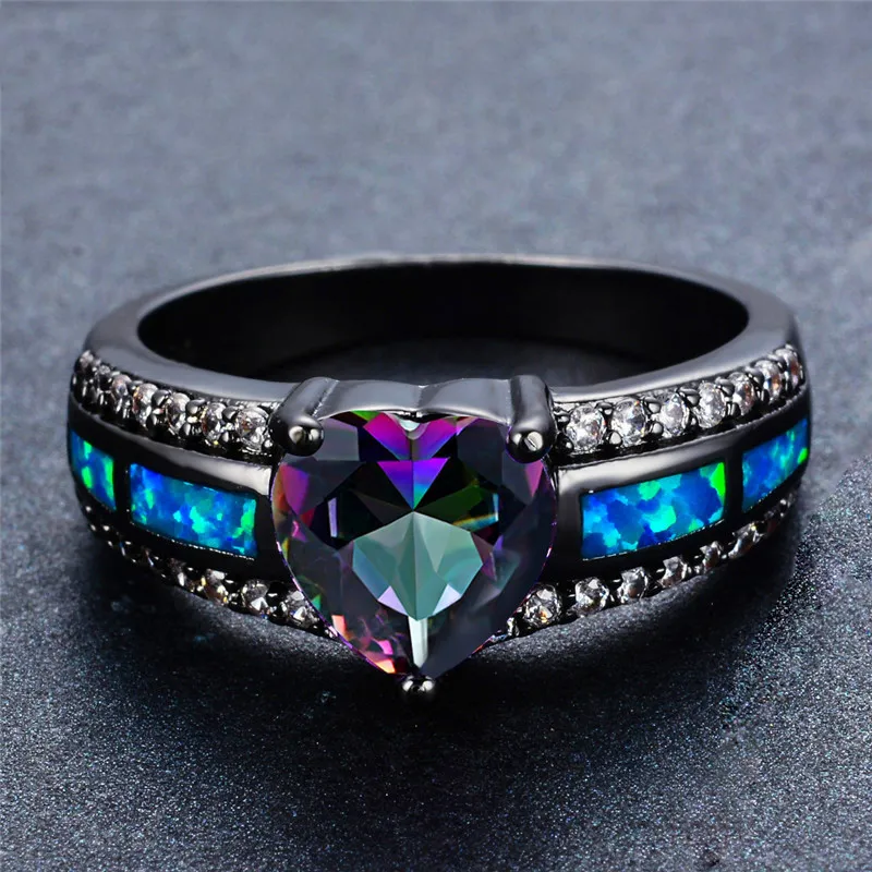 Charme multicolore coeur Zircon bleu/violet/vert bague en pierre colorée femmes Vintage or noir opale noir pistolet opale bague de naissance