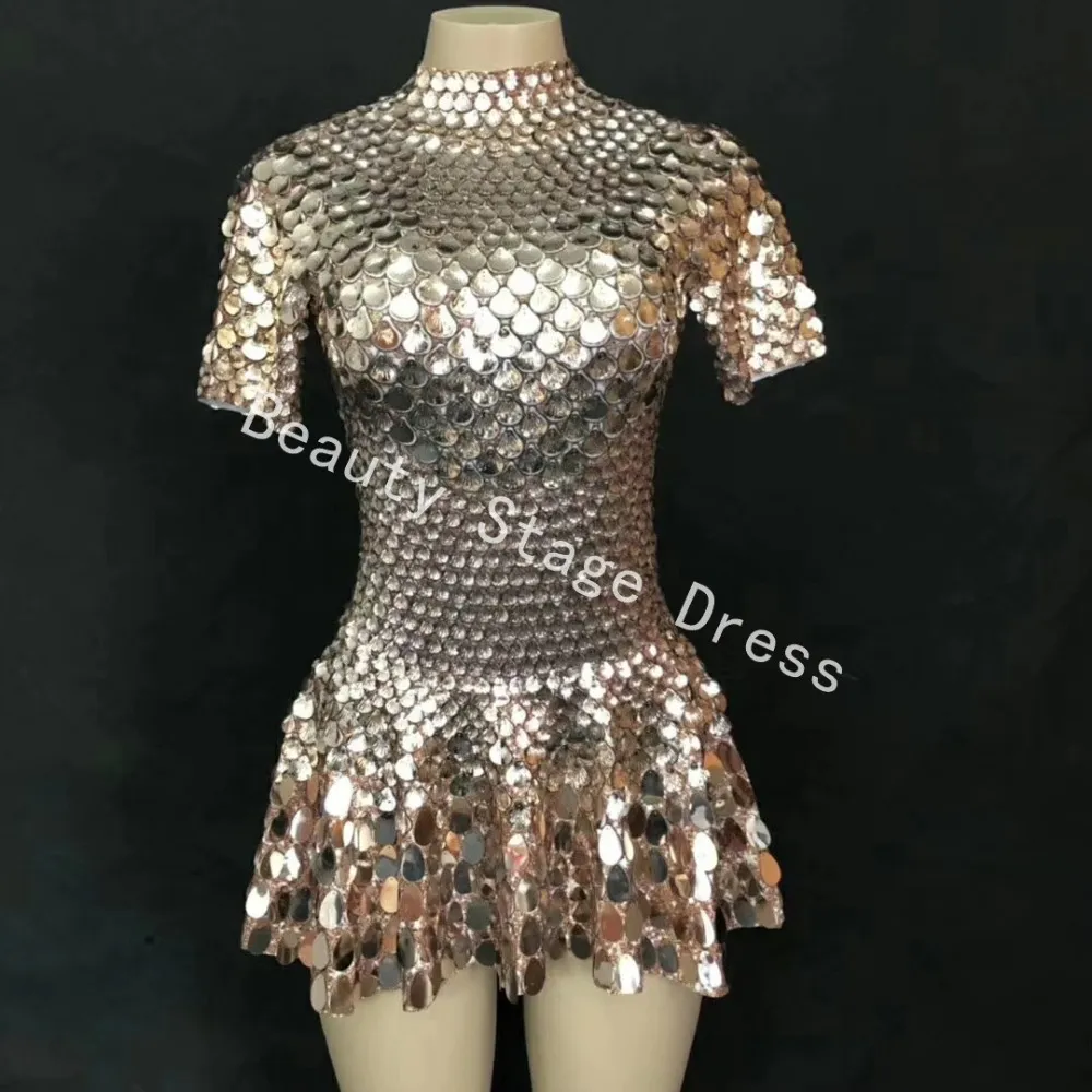 Mini robe à paillettes brillantes, Costume de célébration, body à strass, robes argentées d'anniversaire, justaucorps Sexy pour boîte de nuit