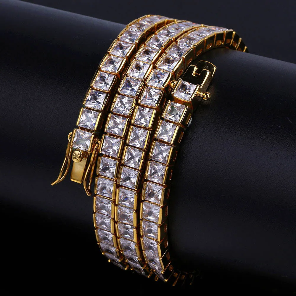 Хип-хоп цепи 18K золото гальваническим однорядные квадратный кубический цирконий медь Ожерелье для мужчин высокой полированной обледенелый блестящие побрякушки ювелирные изделия