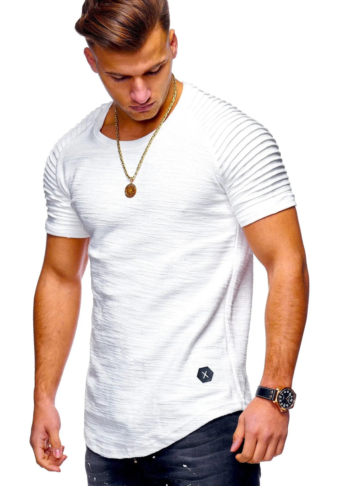 Camiseta De Manga Corta Para Hombre, Camiseta Ajustada A Rayas De Jacquard  Con Hombros Plisados, Camiseta De Hip Hop Con Dobladillo Largo Para Hombre,  Ropa De Calle De 10,69 €