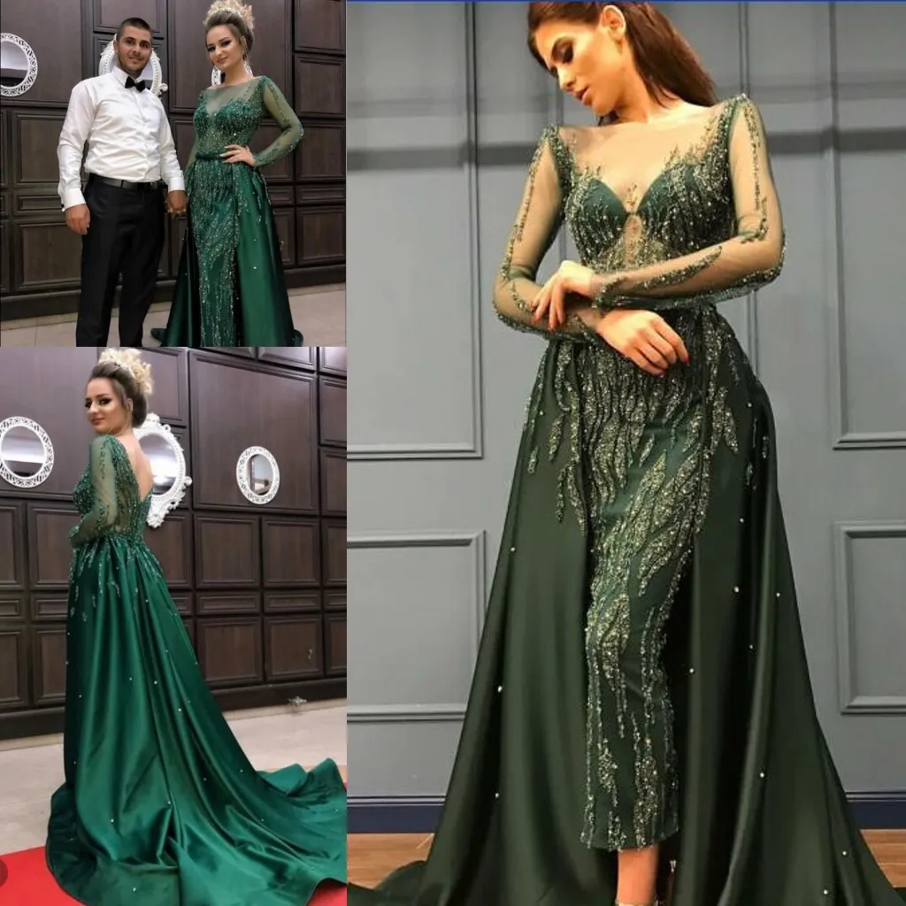 Eremald Green Crystal Prom Pageant Queen Abiti con gonna oversize 2018 ziad nakad Abito da sera di lusso a maniche lunghe con scollo a perline trasparente