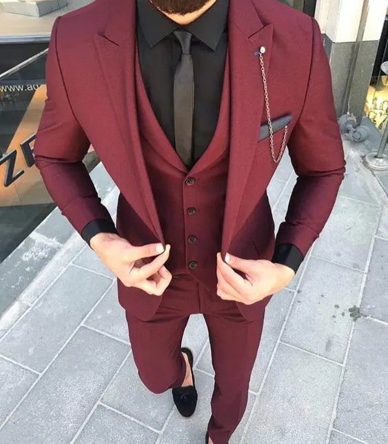 Burgundy Wedding Tuxedos Groom Attire Groomsmen Outfit Slim Suits Fit ...