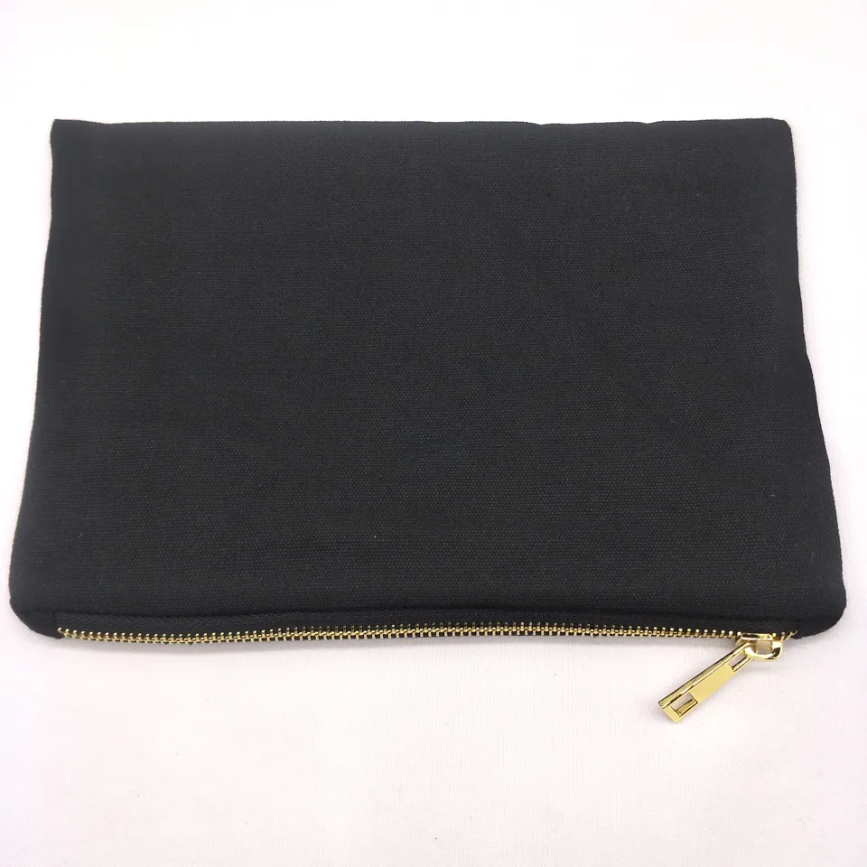 7x10in algodão 12oz preto bolsa de maquiagem tela com ouro zip preto revestimento em branco sacos cosméticos lona preta da fábrica em estoque