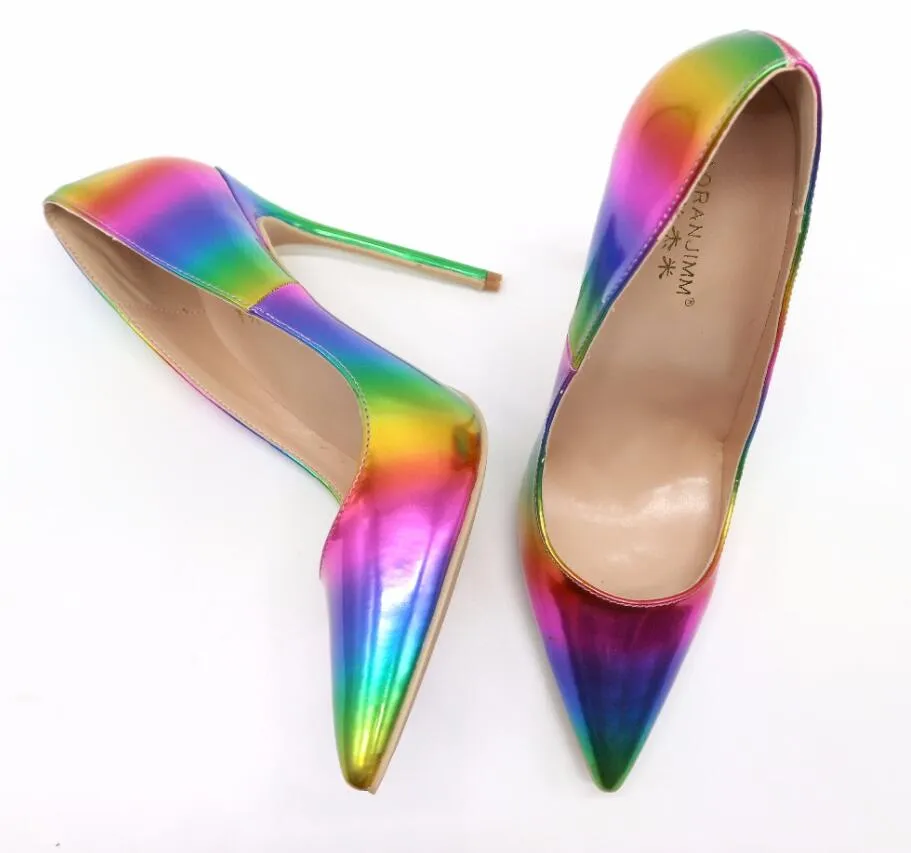 Casual Designer sexy lady real photo women's sandals luxura leather Multi color rainbow printed pointed toe woman female 12cm 10cm 8cm high heels pumps shoes