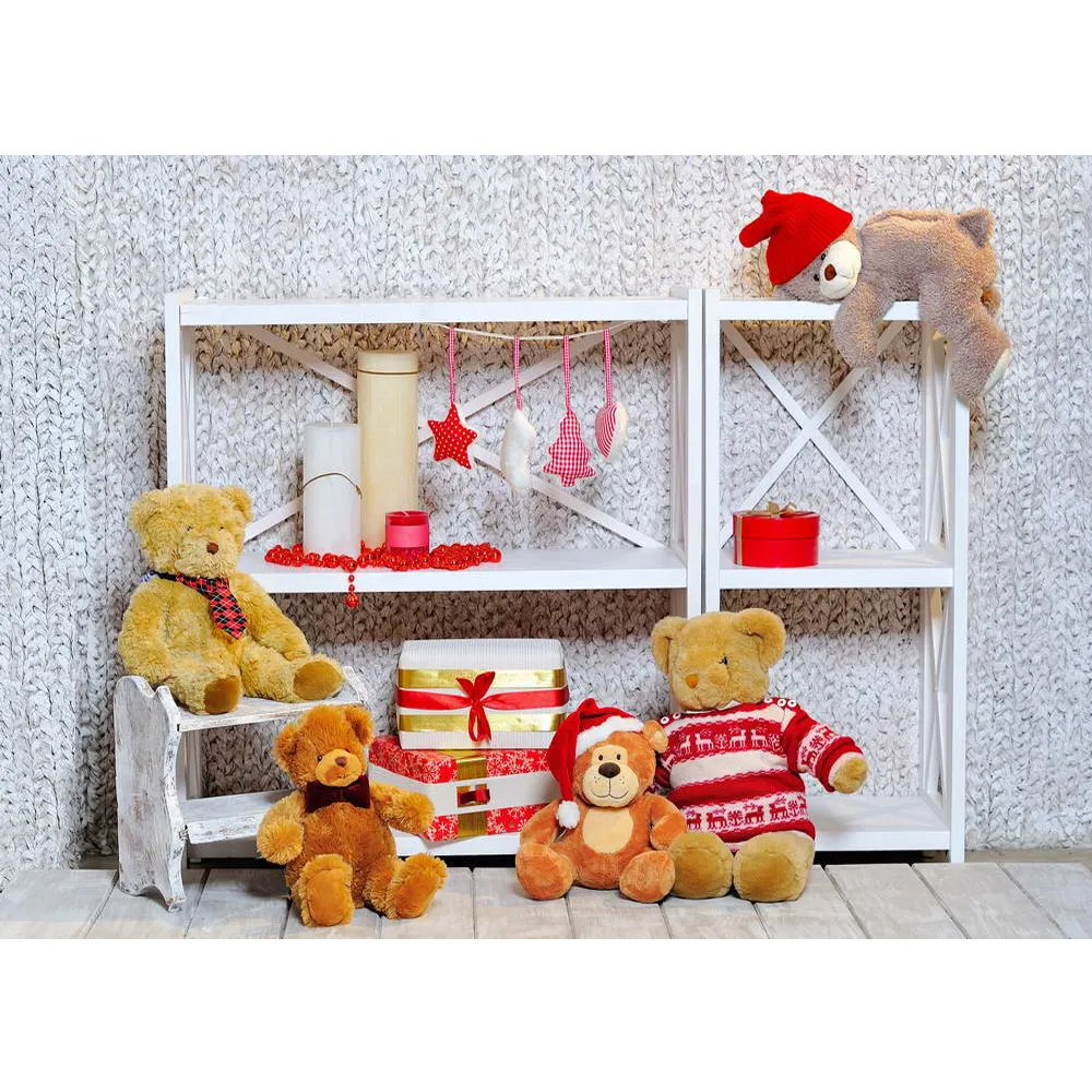 Sfondo natalizio per bambini per bambini Scatole regalo orso giocattolo stampato Puntelli per servizi fotografici per neonati Sfondi per foto per bambini