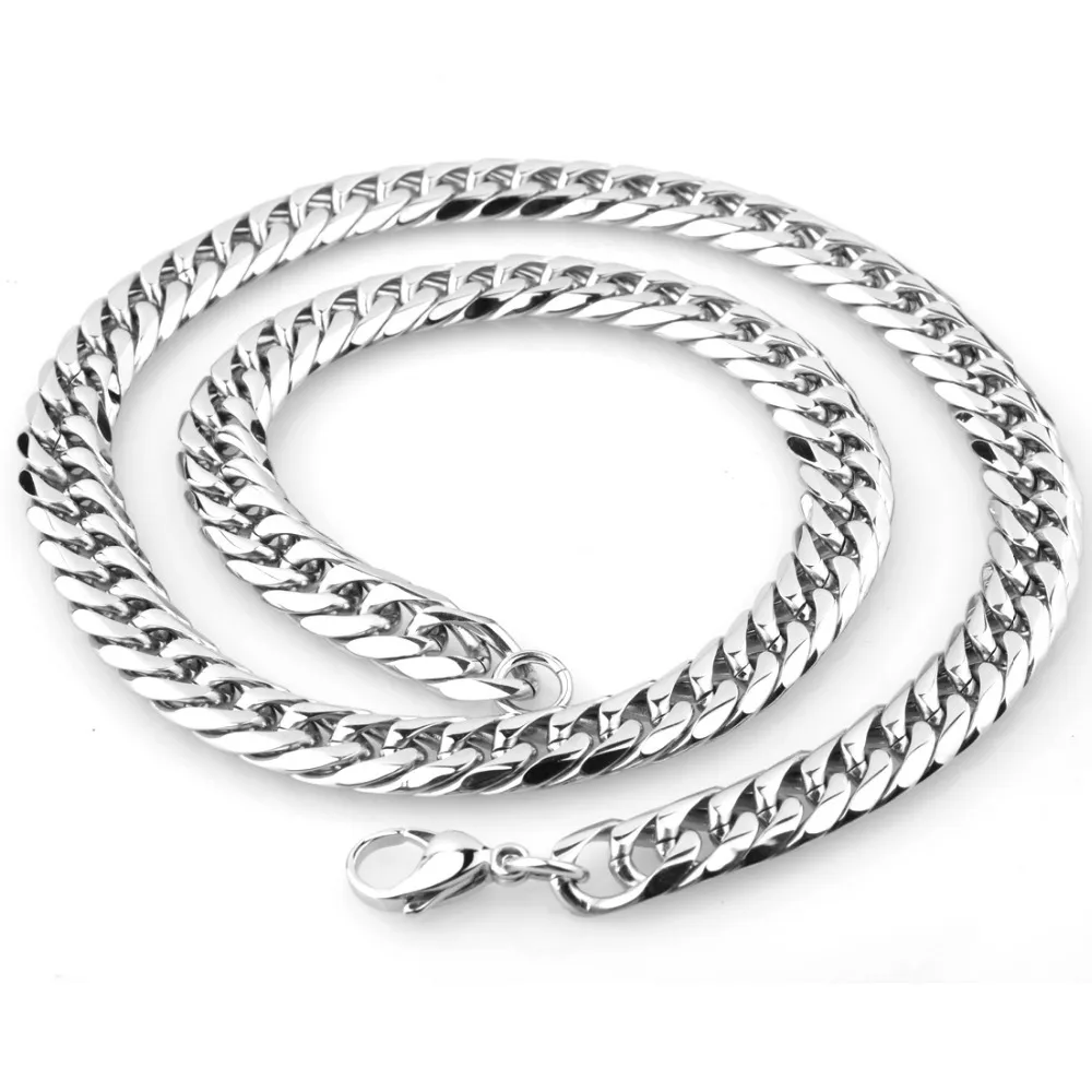 9 13 15mm Men's Fashion Cool Silver Stainless Steel Bling Curb Necklace Chain 8"-40" Top Quality255Q