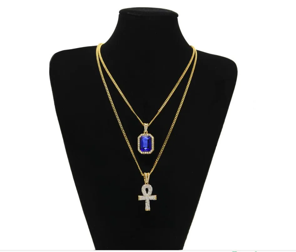 Ankh égyptien clé de vie Bling strass croix pendentif avec pendentif rubis rouge collier ensemble hommes mode Hip Hop bijoux pour hommes