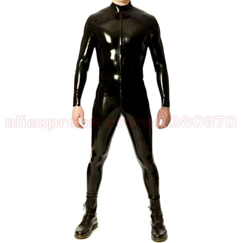 Latex Rubber Man Bodysuit Sexy Tight Catsuit Customes with Front Zipper Pass Crotch to Ass S-LCM097