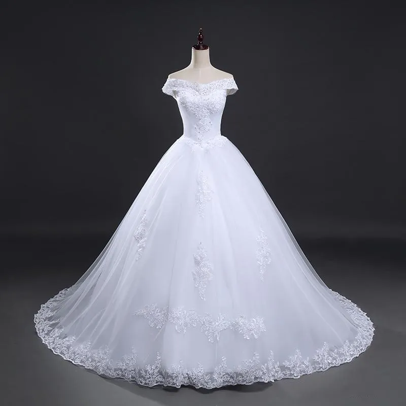 Linia White Ivory Cap Ramię Podłoga Lehgth Long Train Lace Up Powrót Koronki Aplikacja Suknia Ślubna Bridal Wedding Obudowa Plus Size Custom