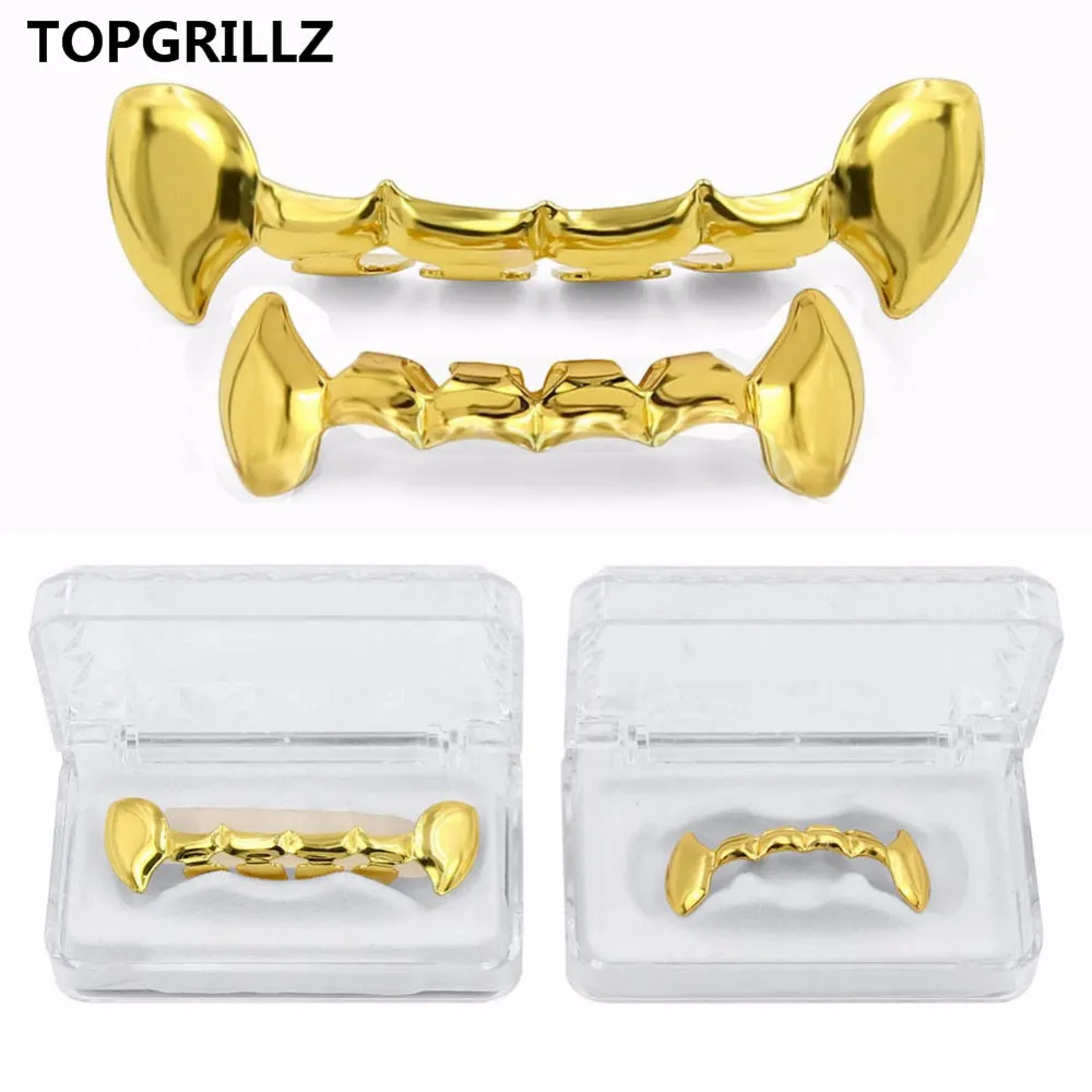 TOPGRILLZ Hip Hop Fang Teeth Grillz Set Goudkleurige geplateerde halve tanden Dracula Vampire Fangs Slim Grills Gold Top Bottom Grillz Teeth Set