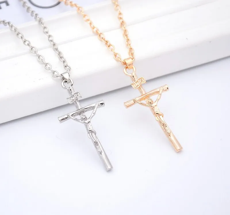 Kors Halsband Kvinnor / Män Smycken Trendig Platinum Guldpläterad Inri Crucifix Jesus Cross Chain Pendant Gratis frakt