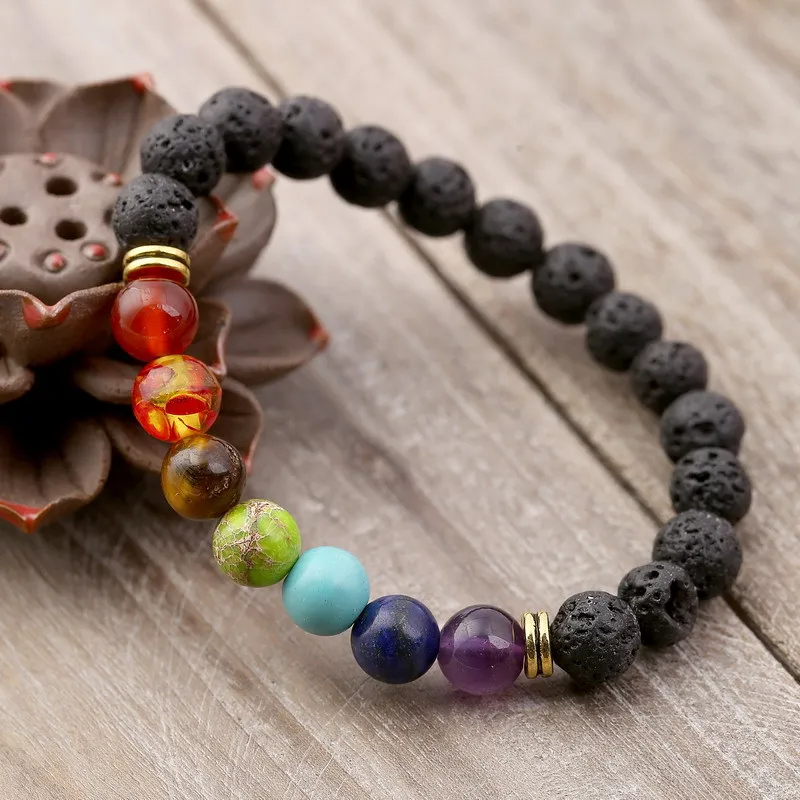 Natural Lava Stone Yoga Bracelet 7 Chakra Black Volcanic Rock Bracelets Healing Balance Beads Bracelet Reiki Buddha Prayer Beaded Bracelet