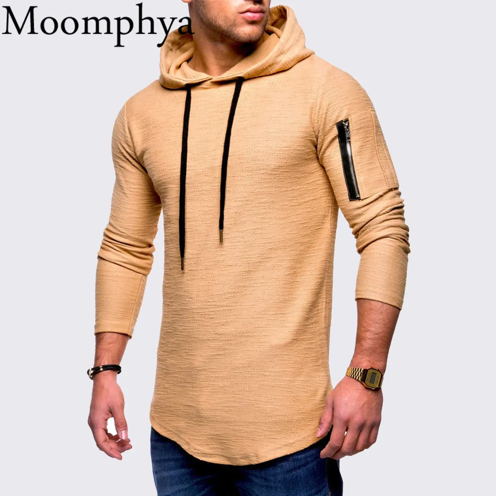 MOOMPHYA Hooded Lange Mouw Mannen T-shirt Zipper Mouw T-shirt Mannen Longline T-shirt Streetwear Hip Hop Tee Shirt Kleding 2018