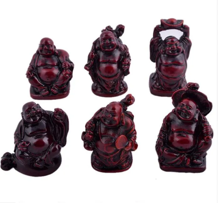 6 piccole statuette di Buddha Feng Shui in resina palissandro