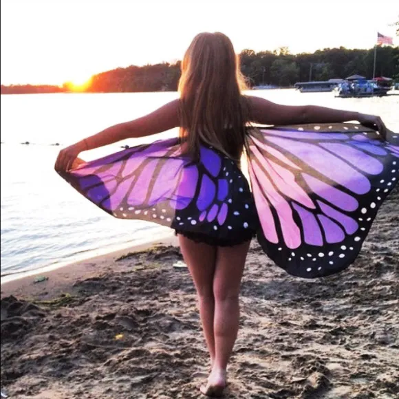 Women Butterfly Wing Large Fairy Cape Scarf Bikini Cover um gradiente de chiffon encobrimento de xale de xale pavão cosplay 18 cores