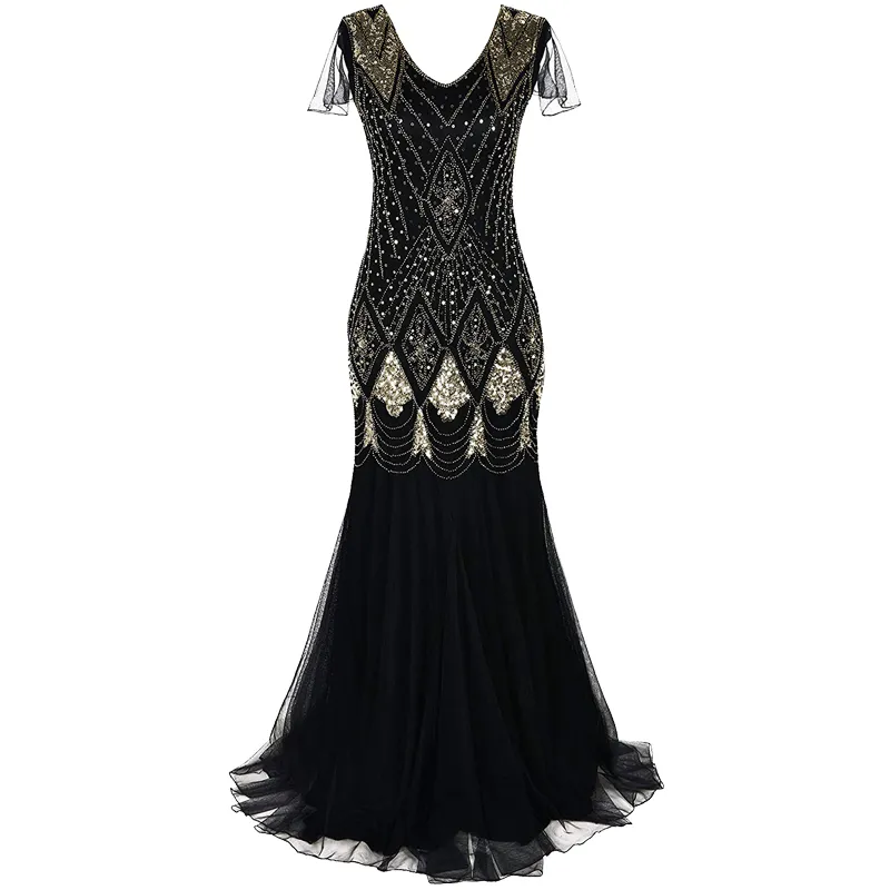 Women 1920s Great Gatsby Dress Long 20s Flapper Dress Vintage V Neck Short Sleeve Maxi Party for Prom Cocktail