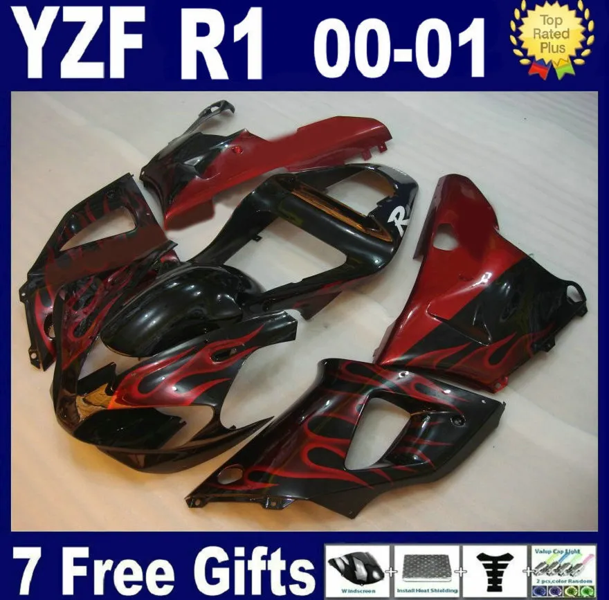 Kit de carenagem de alta qualidade para Yamaha YZF R1 2000 2001 carenagem de chamas vermelhas pretas YZFR1 00 01 HG55