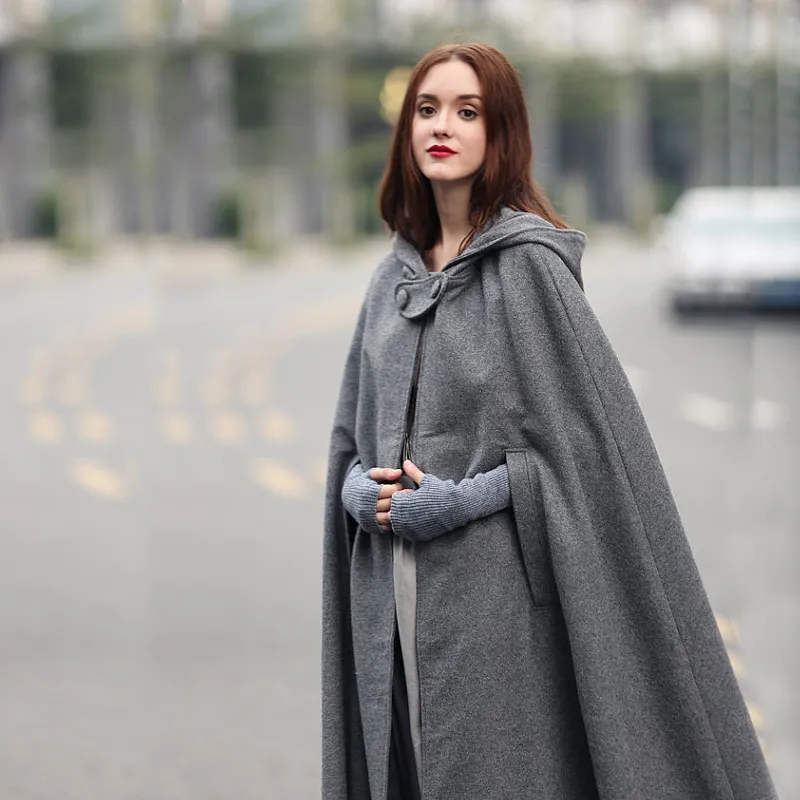Stylish Blue Hooded Poncho Poncho Coat For Women Autumn Casual
