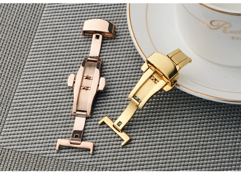Universal stainless steel Watch Band Push Button Hidden Clasp Butterfly Pattern Deployant Buckle solid Double press