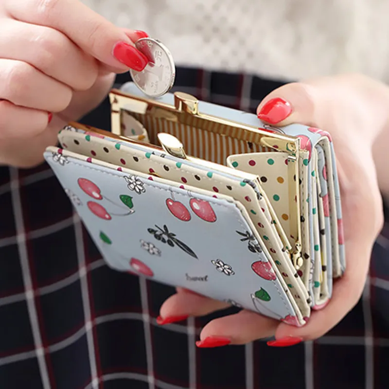 Frauen Brieftasche Koreanische Mode Niedlichen Leder Brieftasche Kirsche Gedruckt Kleine Frauen Geldbörse Carteira Feminina Cion Tasche Karte Halter