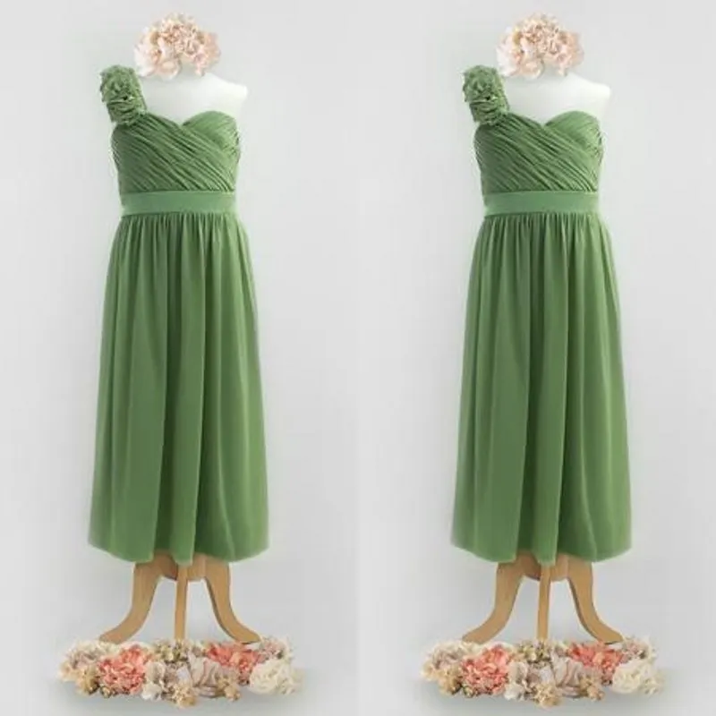 Симпатичные оливково-зеленый цветок девушки платья для свадьбы одно плечо цветочный ремень плиссированные лиф линии полная длина младший невесты Платья