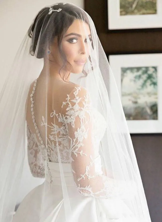 Ny delad spets Steven Khalil bröllopsklänningar med löstagbar kjol ren nacke långa ärmar mantel hög slits överskjolar brudklänning2974