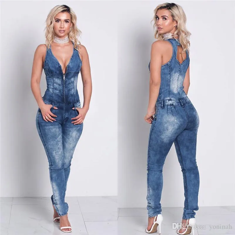 Kadınlar kot tulum romper pantolon arka seksi kolsuz içi boş dışarı skinny jeans kadınlar rahat seksi moda denim kot pantolon yapışık