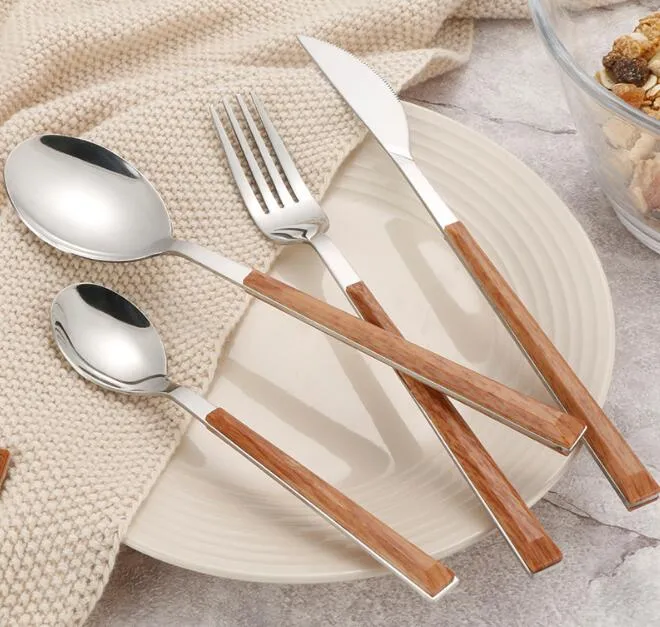 Rostfritt stål bestick med trähandtag miljövänliga västra bordsuppsättningar skedknivgaffel högkvalitativ bordsartiklar202g