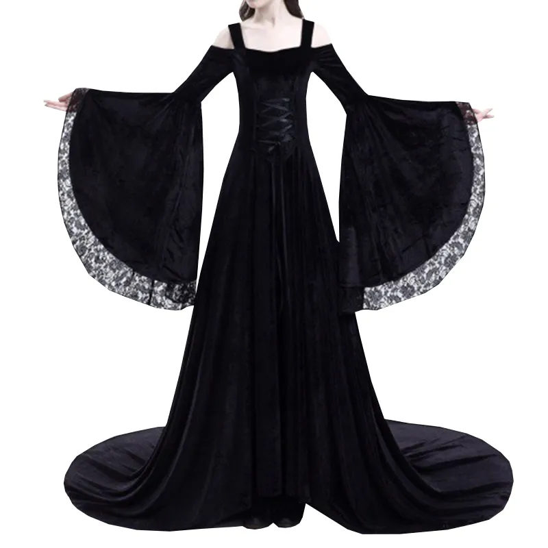 Casual Dresses Black Red Off-the-Shoulder Renaissance Fairy Tale Medieval Lace Sleeve Dress Theater Women Clothing