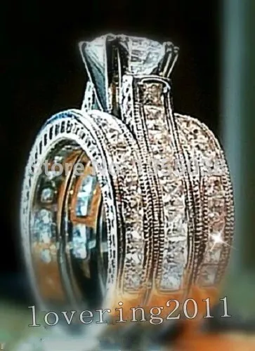 Moda Jóias 6mm princesa corte 5A Zircon stone 14KT White Gold Filled 3-em-1 Anel de Noivado Casamento Set Para mulheres Tamanho 5-11