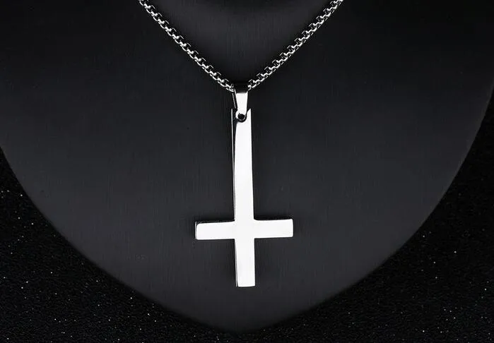 Välj silve guld svart färg Fashion Cross of St. Peter upp och ner korshänge rostfritt stål katolsk halsband Box Rolo kedja 3mm 24''