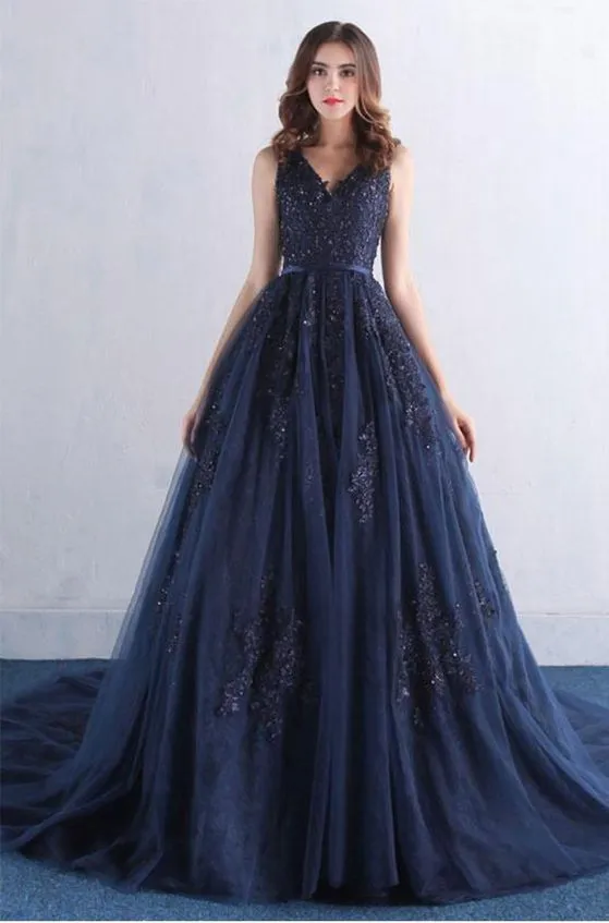 slim fit dress slacks Three-Quarter-Sleeve Lace-Bodice Long Prom Dress Navy / XSmall main image 1