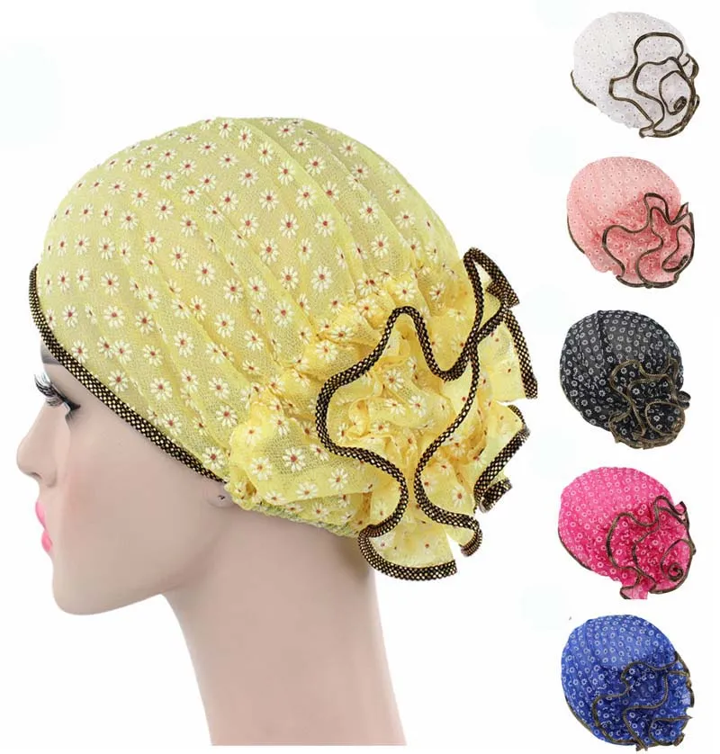 Mulheres muçulmanas elásticas de impressão floral chapéu de turbante nova moda feminina renda de renda chapéu de chapéu de quimioterapia chap de quimio