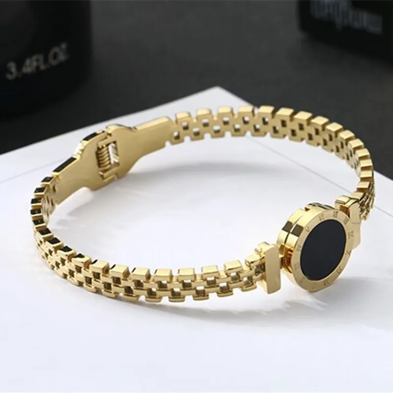 Numeral romano preto rodada pulseira de aço inoxidável moda 18k rosa pulseira de ouro titanium aço oco pulseira das mulheres