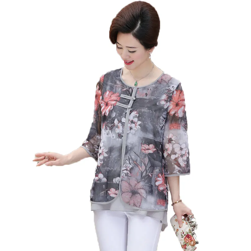 Waeolsa Chinese Femme Femme ethnique Blouses Blouses Gris Bleu rouge vert Fleur en couches