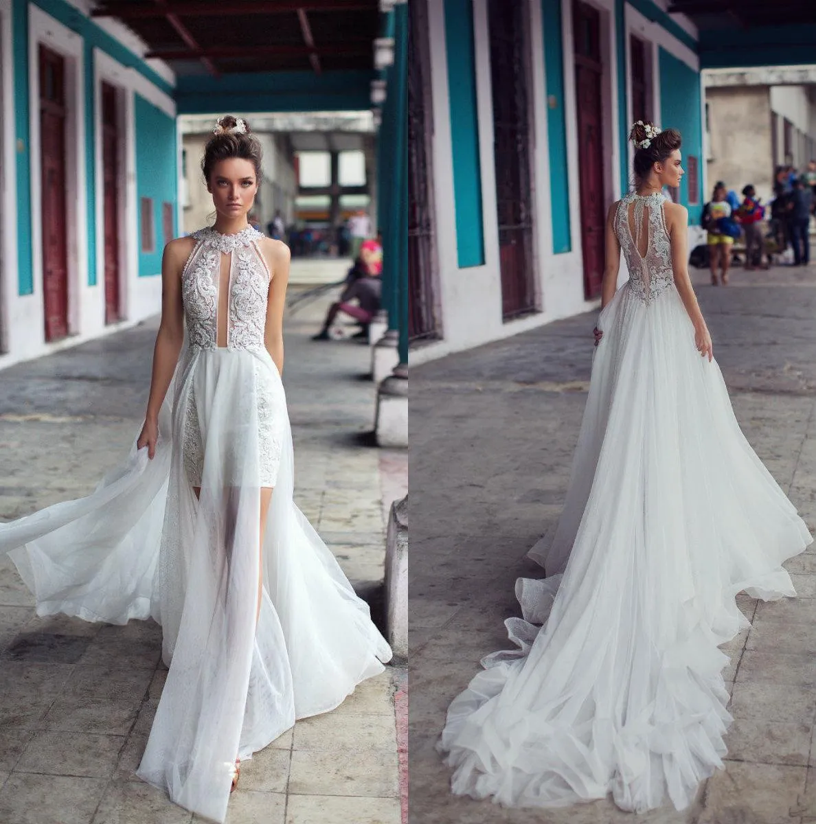 2019 Julie Vino Une Ligne Robes De Mariée En Mousseline De Soie Illusion Sexy Dentelle Appliques Plage Robe De Mariée Boho Longues Robes De Mariée