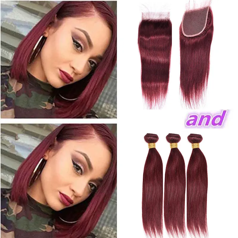 Brazilian Burgundy 99j Straight Virgin Hair Bundles With Closure Colored Human Hair Weave With Lace Closure 4Pcs Lot Brazilian Hair Vendors