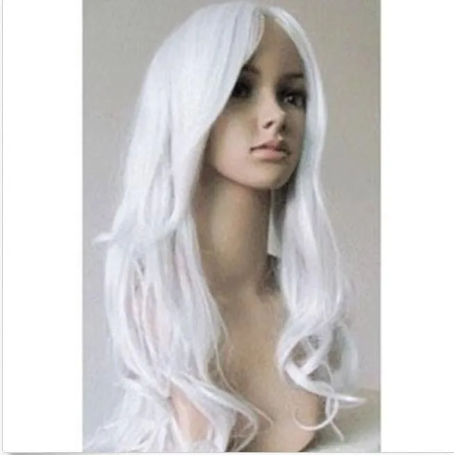 Hot Sälj Ny Sexig Lång Silver Vit Vågig Kvinnors Cosplay Party Hair Wig Wigs + Cap