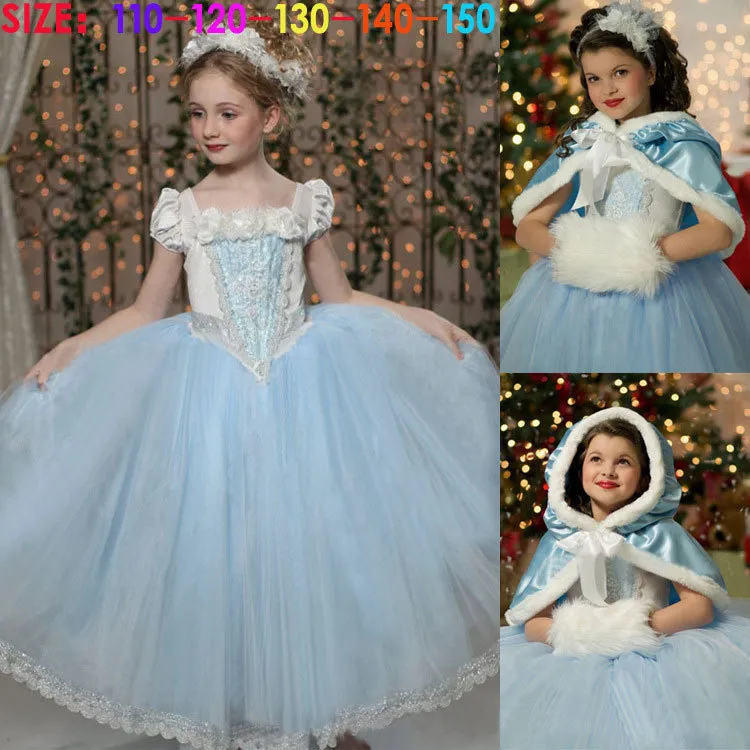 Perakende Kızlar Külkedisi Elbiseler Prenses Elbise + Şal Cape Peri Toddler Kız Elbise Düğün Parti Elbise Çiçek Kostüm Kız Giyim