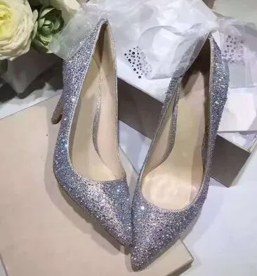 2018 Gümüş Bling Çivili Kristal Gelin Düğün Ayakkabı Seksi Sivri Burun Kadın Dantel Ayak Bileği Kayışı Yüksek Topuklu Kadın Ayakkabı Pompalar