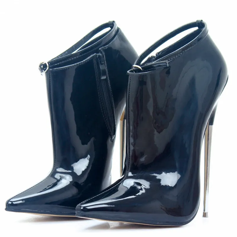 Black Ultra High Heels 18Cm Metal Heels Zip Buckle Strap Women Sexy Fetish Ankle Boots Women Pionted Toe Fashion Shoes