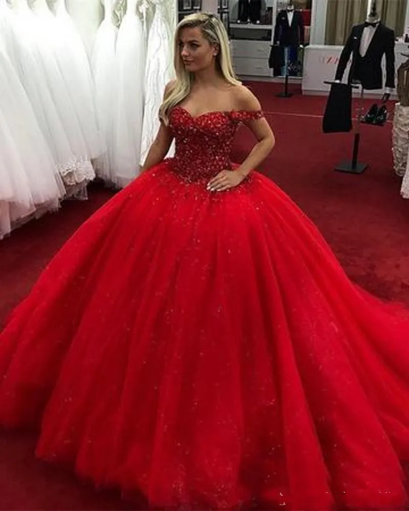 2020 Bling Quinceanera Robe De Bal Robes Hors Épaule Perlé Cristal Doux 16 Arabe Long Tulle Puffy Plus La Taille Parti De Bal Robes De Soirée