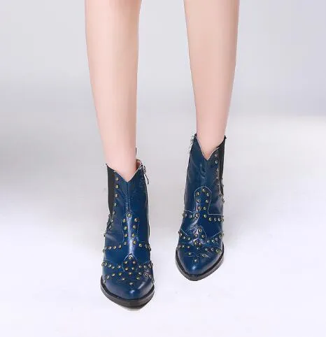 Diseño 2018 Punta estrecha Tachonado Mujer Botines Tacón grueso Banda elástica Western Cowboy Boots Zapatos Mujer