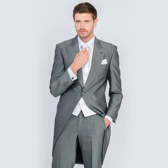 Fashion Grey Tailcoat Men Wedding Tuxedos Morning Style Groom Tuxedos Peak Lapel One Button Men Dinner Prom clothes(Jacket+Pants+Tie+Vest)88