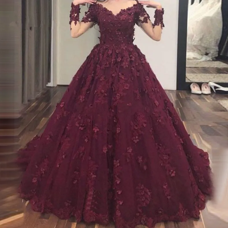 Burgundy Lace Applique Muslim Evening Gown With V Neck And Long