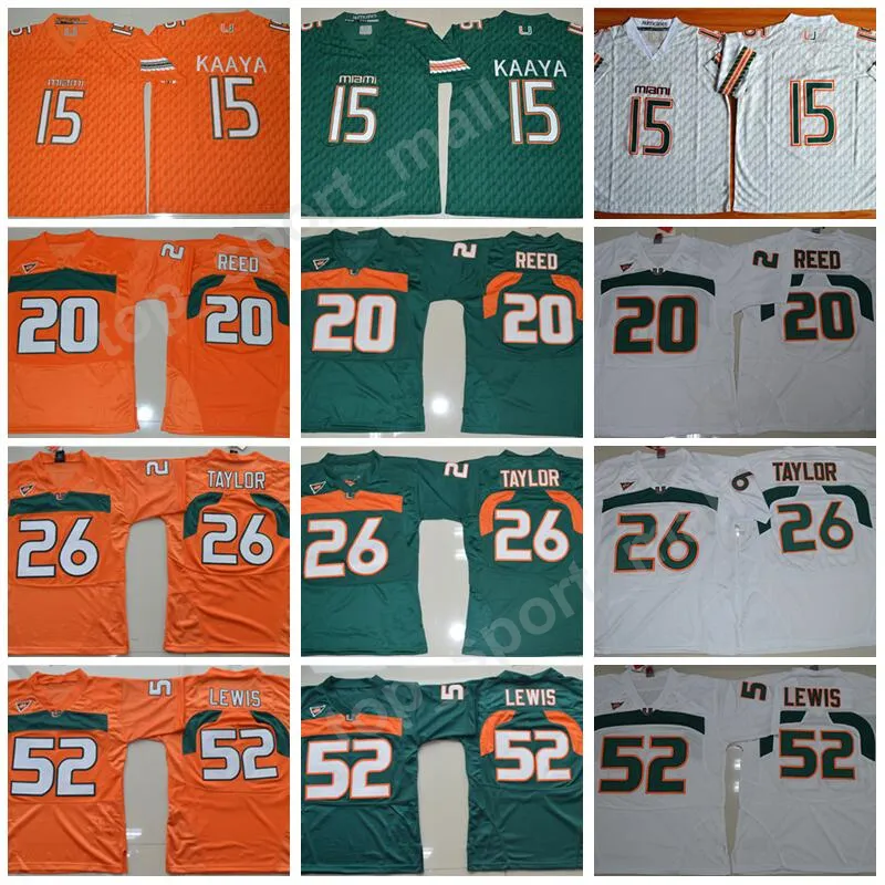 Men College Football Miami Hurricanes Jerseys Embroidery 15 Brad Kaaya 20 Ed Reed 52 Ray Lewis 26 Sean Taylor Green Orange White Top Quality