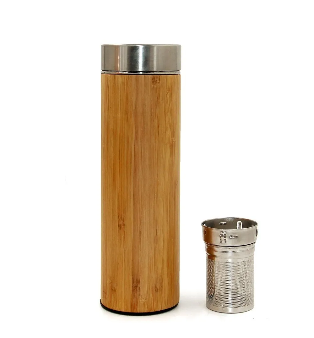 15oz Bamboo Tea Tumbler with Removable Infuser and Strainer Set Stainless Steel Double Wall Vacuum Insulated Water Bottle