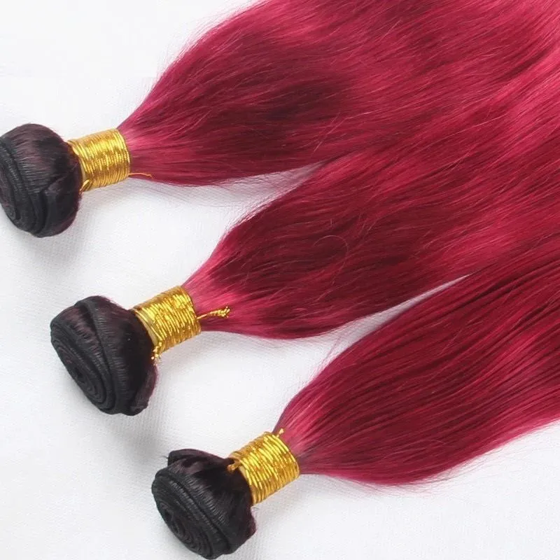 Cabello humano rojo Ombre Raíz oscura Cabello virgen peruano Frontal de encaje recto sedoso con paquetes Dos tonos 1b Trama de cabello rojo