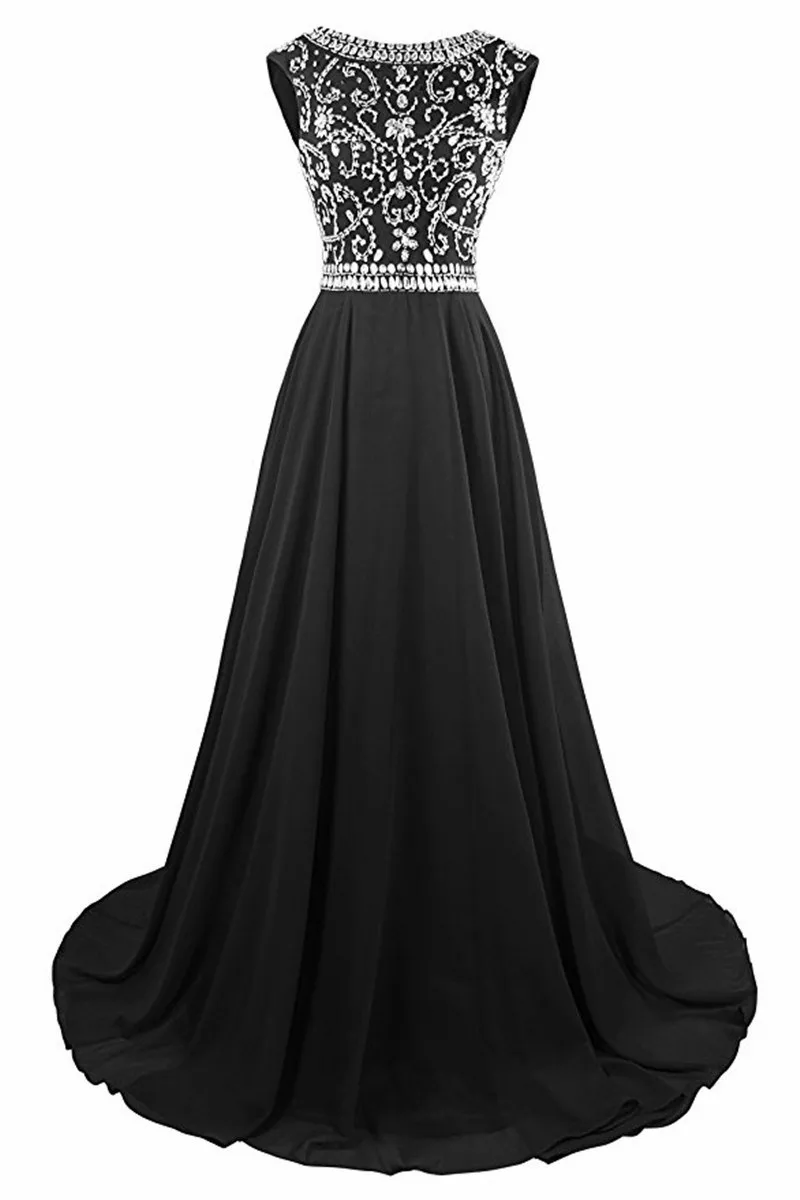 2018 Robe Longo Para Formatura Ventes Chaudes En Mousseline De Soie Noire Longues Robes De Soirée Strass Robes Dos Nu pour Le Bal